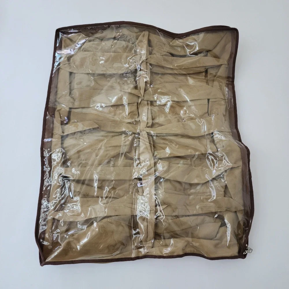 Underbed Shoe Organizer Storage Bag 12 Compartment Clear‎ Zipper Top Tan Brown